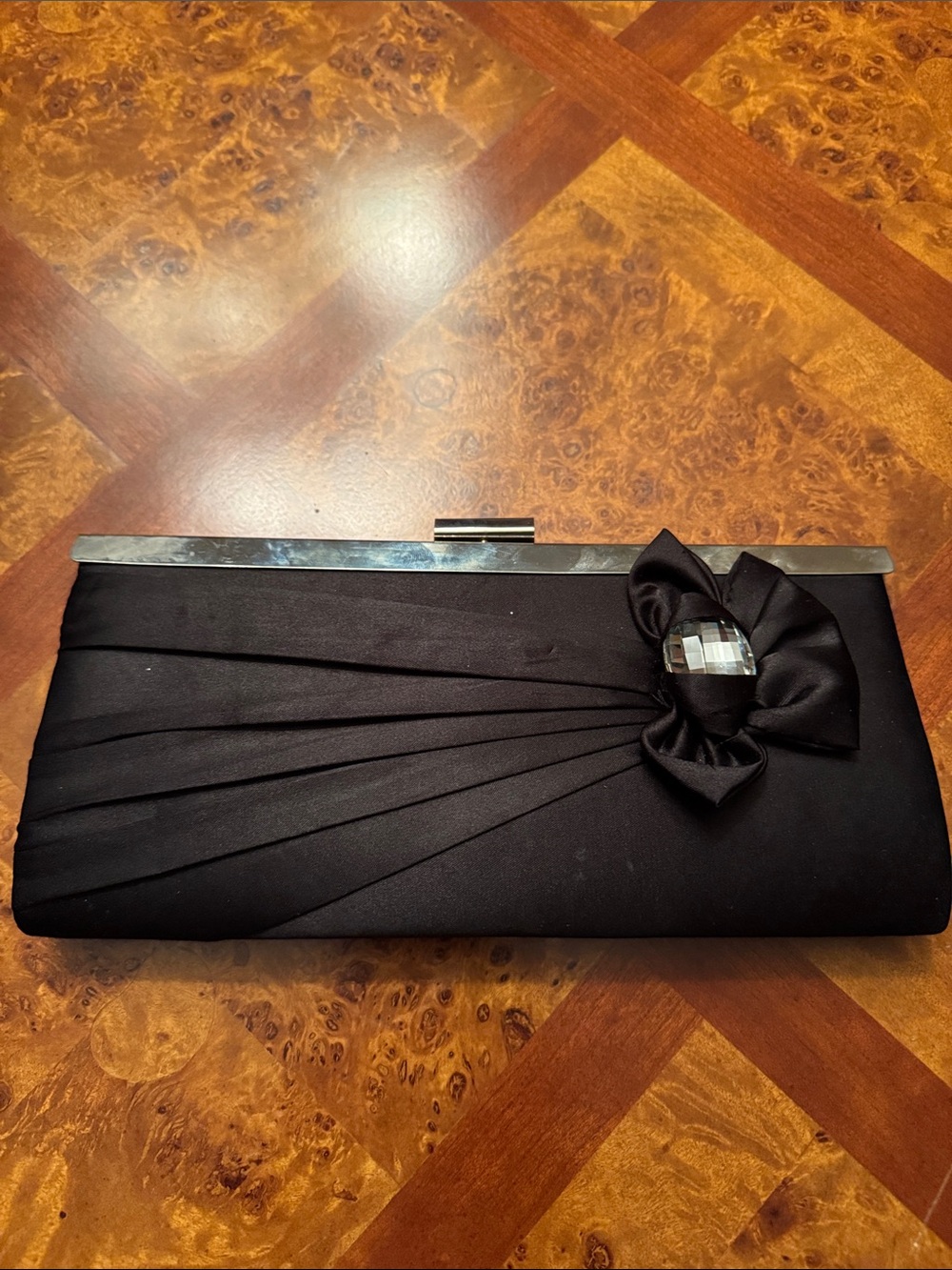 Black Satin Clutch Evening Bag with Gem Accent